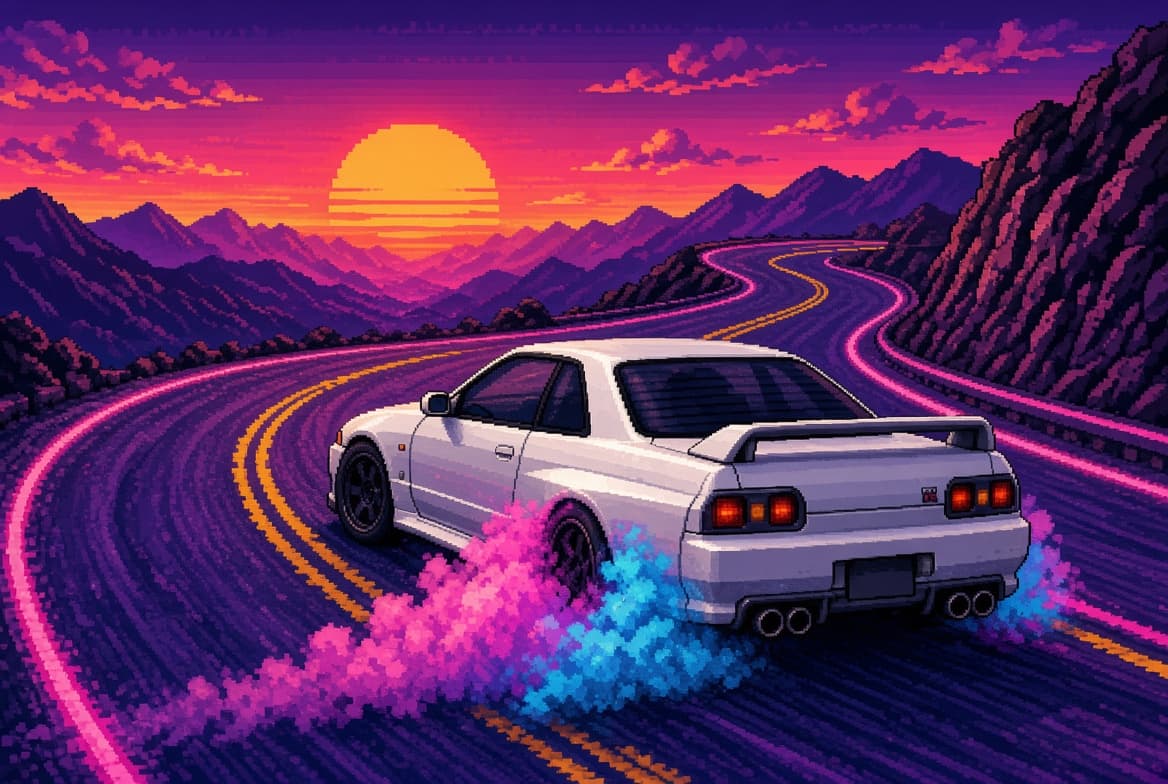 Pixel-art R32 racing through a neon mountain pass